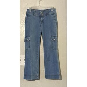 Y2K Ellemenno Capri Cargo Jeans Size 5 Back Flap Pockets Med Wash Low Rise